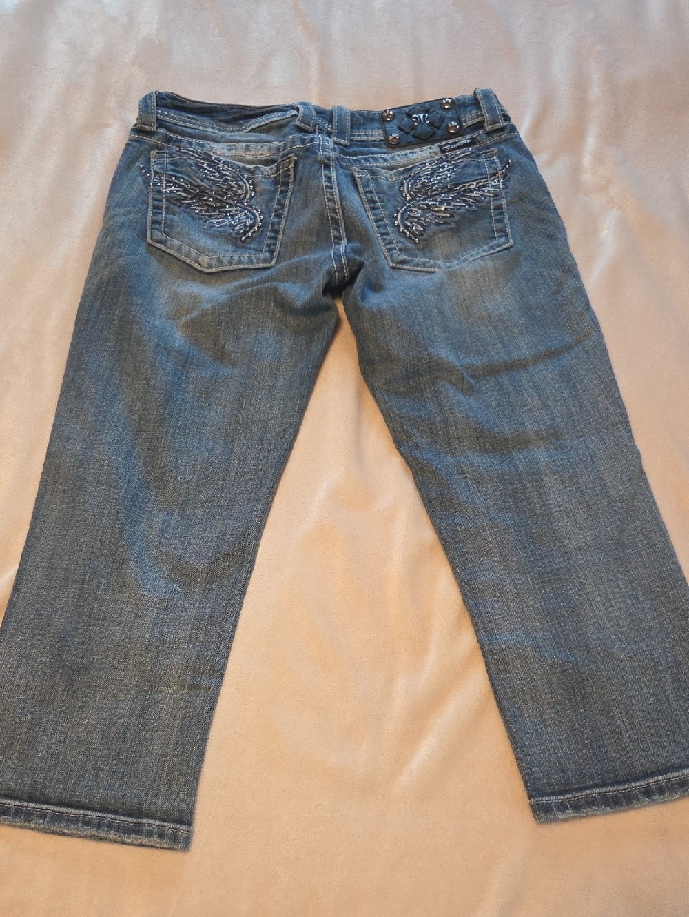 Miss Me Blue Embroidered Wing Cropped Jeans with Studded Waistband